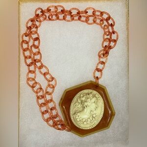 Large Apple Juice Carved Bakelite & Celluloid Cameo Necklace Vintage Jewelry